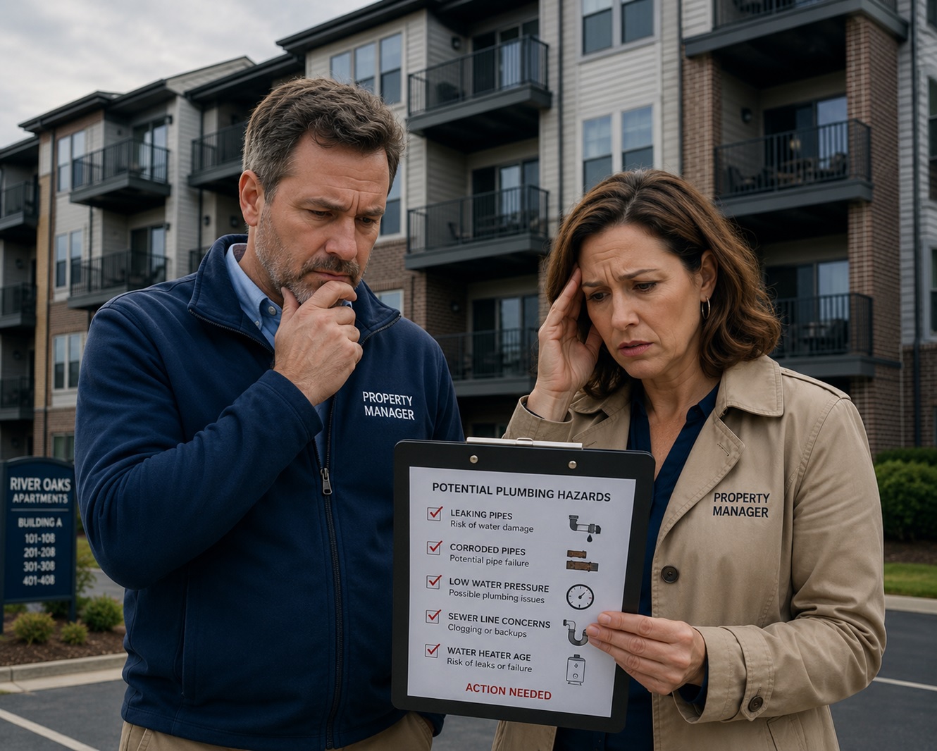 Property managers inspecting potential plumbing hazards at a multi-story apartment building in Orange County, California, reviewing maintenance checklist for water leaks, aging pipes, sewer backups, and commercial plumbing inspection concerns at an affluent apartment complex.