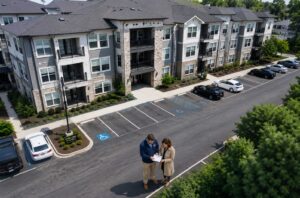 Professional drone aerial view of apartment property managers conducting plumbing infrastructure inspection at a luxury multi-family apartment complex in Southern California, evaluating preventative maintenance issues including water damage risks, pipe leaks, sewer line concerns, and commercial property plumbing systems.