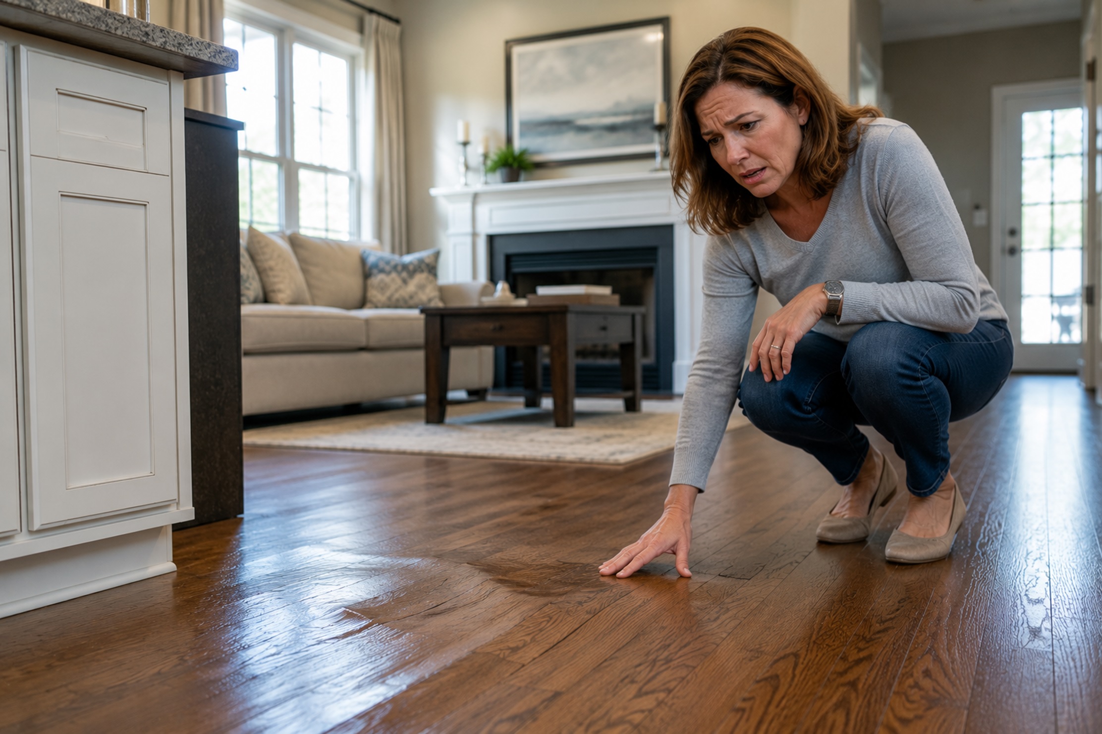 Middle-aged homeowner distressed over bubbling hardwood floors caused by hidden plumbing leak in upscale Southern California home, showing early signs of water damage, moisture intrusion, subfloor deterioration, and emergency plumbing repair needs in affluent residential property