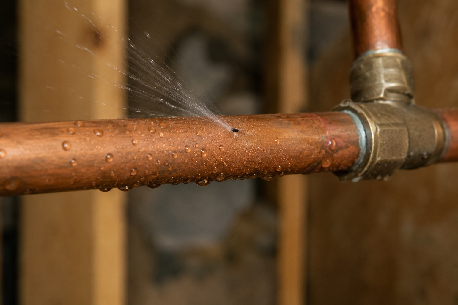 Close-up high-definition image of a copper plumbing pipe with a pinhole leak spraying fine water mist, showing early signs of hidden water damage, pipe corrosion, slab leak risk, and residential plumbing failure in an Orange County home.