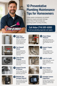 Plumber inspecting residential plumbing system and water heater in an Anaheim home during preventative maintenance service.