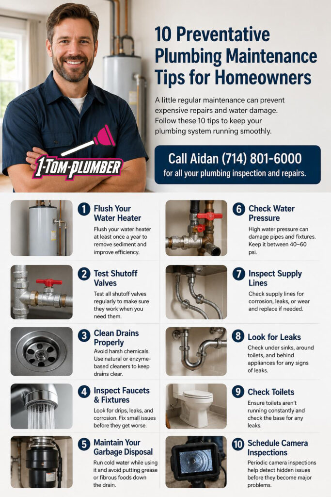 Plumber inspecting residential plumbing system and water heater in an Anaheim home during preventative maintenance service.