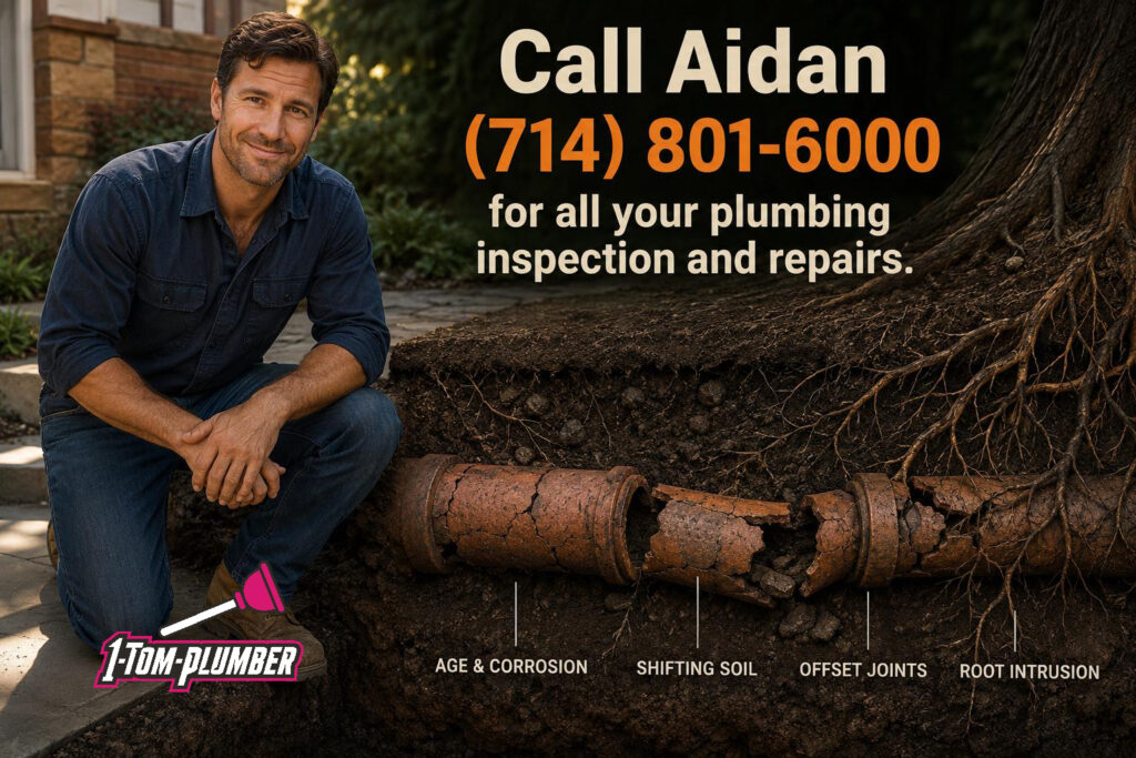 Collapsed clay sewer pipe with tree root intrusion found during sewer camera inspection in Anaheim home.