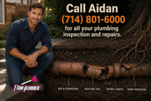 Collapsed clay sewer pipe with tree root intrusion found during sewer camera inspection in Anaheim home.