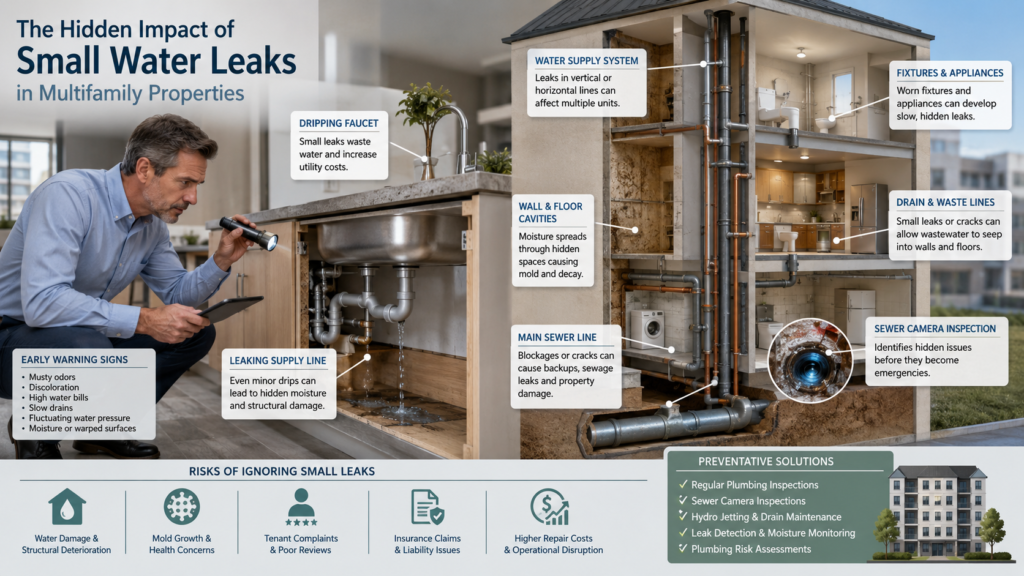 Property manager inspecting small water leaks and hidden plumbing damage in an Anaheim multifamily property.