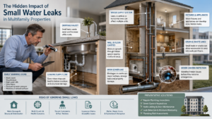 Property manager inspecting small water leaks and hidden plumbing damage in an Anaheim multifamily property.