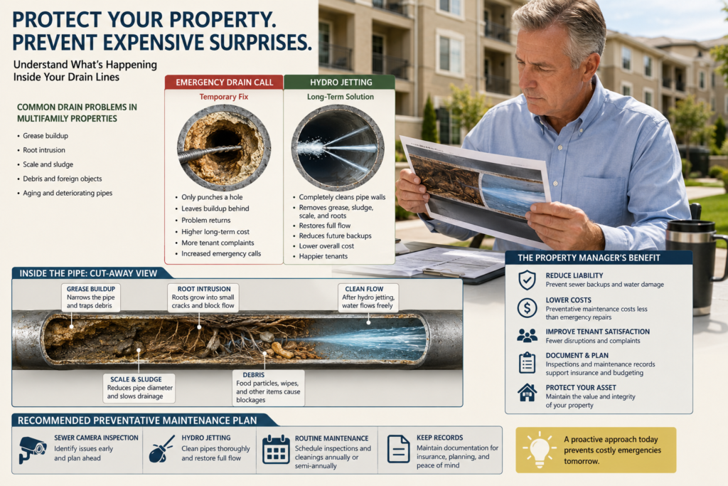 Property manager comparing hydro jetting vs emergency drain calls for an Anaheim multifamily property, with cutaway views showing grease buildup, roots, debris and clean sewer lines.