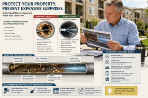 Property manager comparing hydro jetting vs emergency drain calls for an Anaheim multifamily property, with cutaway views showing grease buildup, roots, debris and clean sewer lines.
