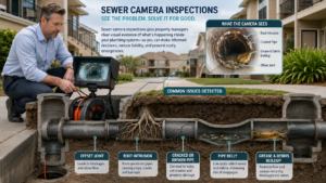 Commercial property manager reviewing a sewer camera inspection showing root intrusion, cracked pipes, pipe bellies, offset joints and debris buildup at an Anaheim multifamily property.