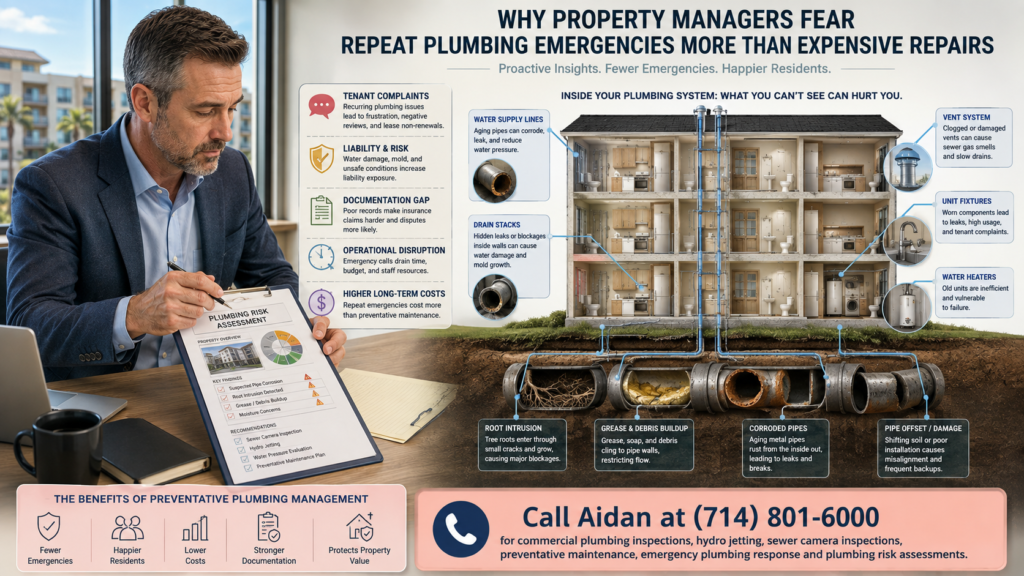 Property manager reviewing plumbing risks in an Anaheim multifamily property.
