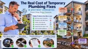 Property manager reviewing temporary plumbing fixes in an Anaheim apartment community, including clogged drains, aging pipes, water pressure issues, hidden leaks, moisture damage and sewer line blockages.