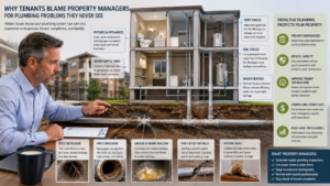 Property manager reviewing hidden plumbing risks at an Anaheim multifamily property.