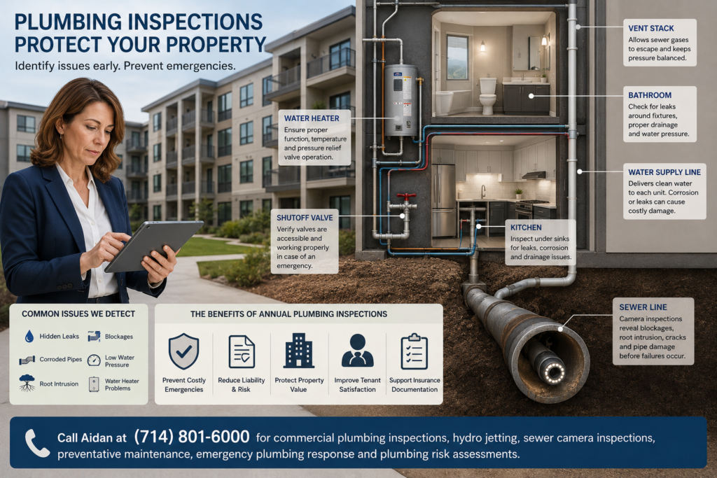 Commercial property manager reviewing annual plumbing inspection findings at an Anaheim multi-unit property with cutaway plumbing diagrams, sewer camera inspection, water heater, shutoff valve, water supply line, bathroom, kitchen, vent stack, and sewer line labels.