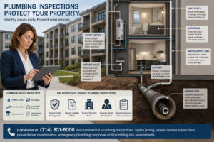 Commercial property manager reviewing annual plumbing inspection findings at an Anaheim multi-unit property with cutaway plumbing diagrams, sewer camera inspection, water heater, shutoff valve, water supply line, bathroom, kitchen, vent stack, and sewer line labels.