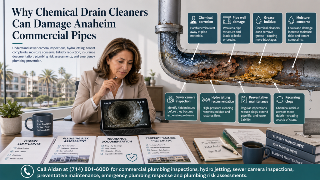 Commercial property manager reviewing sewer camera inspection footage of chemically damaged commercial drain pipes in Anaheim with cutaway labels showing corrosion, grease buildup, moisture concerns, hydro jetting, preventative maintenance, tenant complaints, insurance documentation, and plumbing risk assessment.