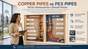 Commercial property manager reviewing copper pipes vs PEX pipes in an Anaheim multifamily building with cutaway plumbing illustrations, water pressure issues, leak prevention, moisture concerns, sewer camera inspection, hydro jetting, insurance documentation, and plumbing risk assessment labels.