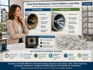 Commercial property manager reviewing drain snaking versus hydro jetting cutaway diagrams with sewer camera inspection, grease buildup, aging pipe damage, tenant complaint risks, moisture concerns, and preventative plumbing maintenance for a multi-unit Anaheim property.