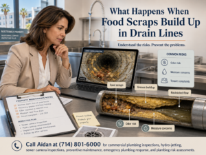 Commercial property manager reviewing sewer camera footage and cutaway drain line illustration showing food scraps, grease buildup, restricted flow, odor risk, moisture concerns, and tenant complaints in a multifamily commercial property.
