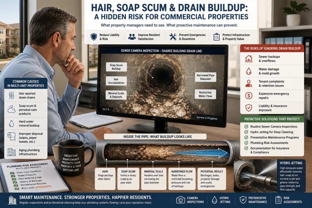 Commercial property manager reviewing sewer camera inspection footage of hair, soap scum, mineral scale, restricted water flow, and drain buildup inside a shared commercial drain line in Anaheim.