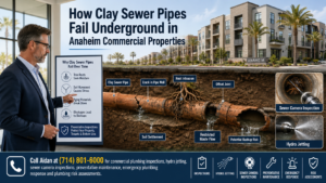 Commercial property manager reviewing a cutaway illustration of underground clay sewer pipe failure in an Anaheim commercial property, showing cracks, root intrusion, offset joints, restricted waste flow, sewer camera inspection, and hydro jetting.