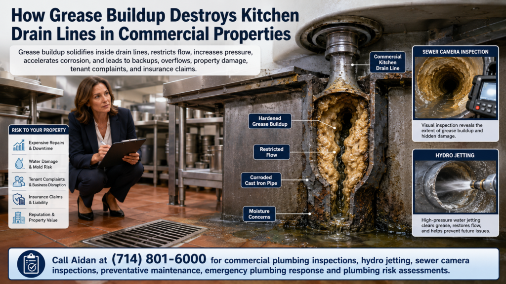 Commercial property manager inspecting a commercial kitchen drain line clogged with hardened grease buildup, restricted flow, corroded cast iron pipe, moisture concerns, sewer camera inspection, and hydro jetting documentation for property damage prevention.