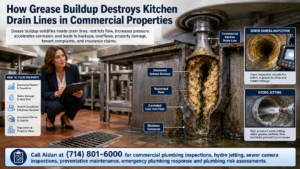 Commercial property manager inspecting a commercial kitchen drain line clogged with hardened grease buildup, restricted flow, corroded cast iron pipe, moisture concerns, sewer camera inspection, and hydro jetting documentation for property damage prevention.
