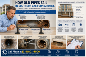 Commercial property manager examining a cutaway aging pipe illustration showing corrosion, root intrusion, mineral buildup, cracks, leaks, and pipe collapse inside a Southern California multi-unit property.
