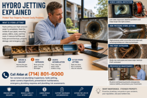 Professional property manager reviewing sewer camera inspection footage and cutaway pipe illustration showing hydro jetting clearing grease buildup, debris, root intrusion, and restored sewer flow in an Anaheim commercial property.