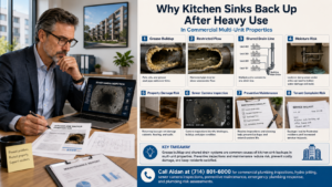 Commercial property manager reviewing sewer camera inspection footage and kitchen sink backup documentation for a commercial multi-unit property, with cutaway illustrations showing grease buildup, restricted drain flow, moisture risk, tenant complaints, and preventive plumbing maintenance.