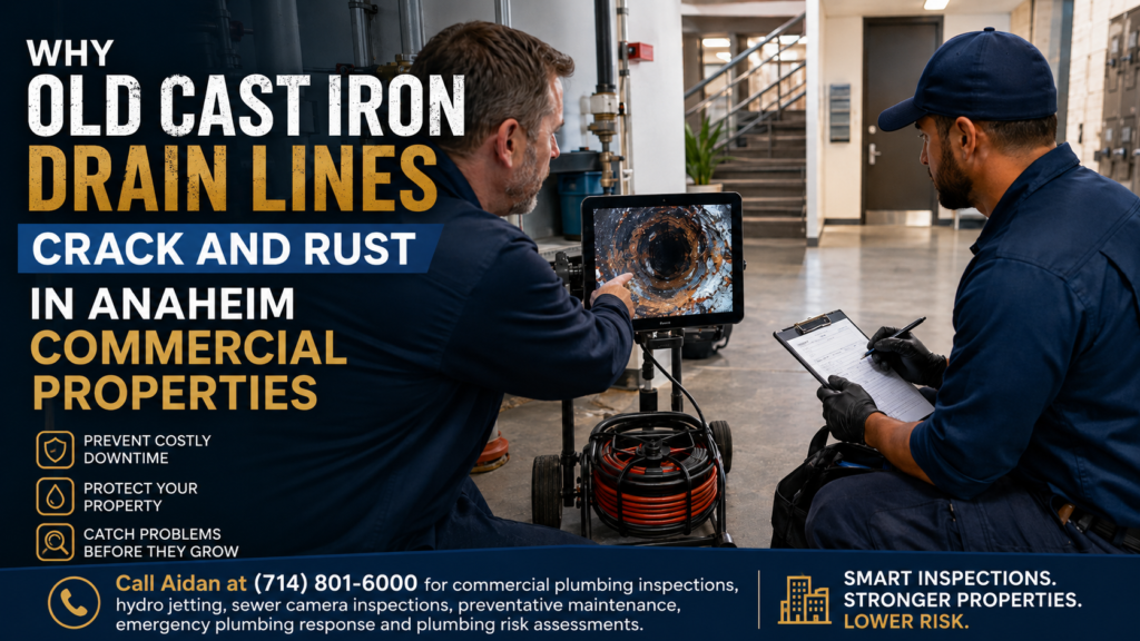 Commercial property manager and plumber reviewing sewer camera footage of a rusted cast iron drain line in an Anaheim commercial property.