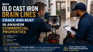 Commercial property manager and plumber reviewing sewer camera footage of a rusted cast iron drain line in an Anaheim commercial property.
