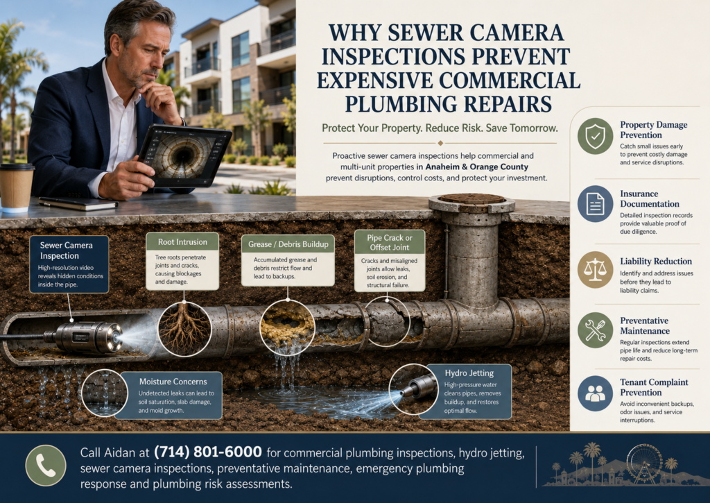 Commercial property manager reviewing sewer camera inspection footage of an Anaheim multi-unit property drain line with cutaway labels showing root intrusion, grease buildup, pipe cracks, moisture concerns, hydro jetting, liability reduction, insurance documentation, and preventative plumbing maintenance.