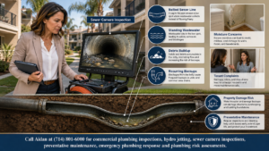 Commercial property manager reviewing sewer camera inspection footage of a bellied sewer line in an Anaheim multifamily property with cutaway labels showing standing wastewater, debris buildup, moisture concerns, tenant complaints, property damage risk, and preventative maintenance.