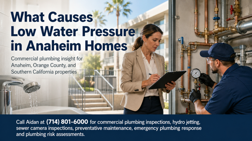 Commercial property manager reviewing low water pressure concerns in an Anaheim multifamily building while a plumber checks pipe valves, pressure gauges, and plumbing system conditions.
