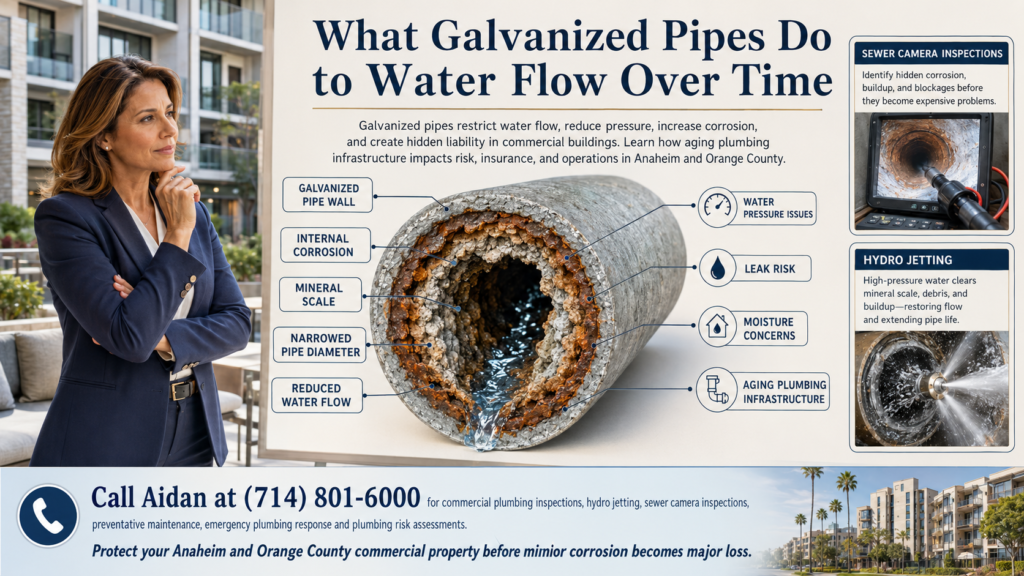 Commercial property manager reviewing a cutaway illustration of a corroded galvanized pipe showing mineral scale, reduced water flow, water pressure issues, leak risk, moisture concerns, sewer camera inspection, and hydro jetting for an Anaheim multifamily property.