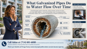 Commercial property manager reviewing a cutaway illustration of a corroded galvanized pipe showing mineral scale, reduced water flow, water pressure issues, leak risk, moisture concerns, sewer camera inspection, and hydro jetting for an Anaheim multifamily property.