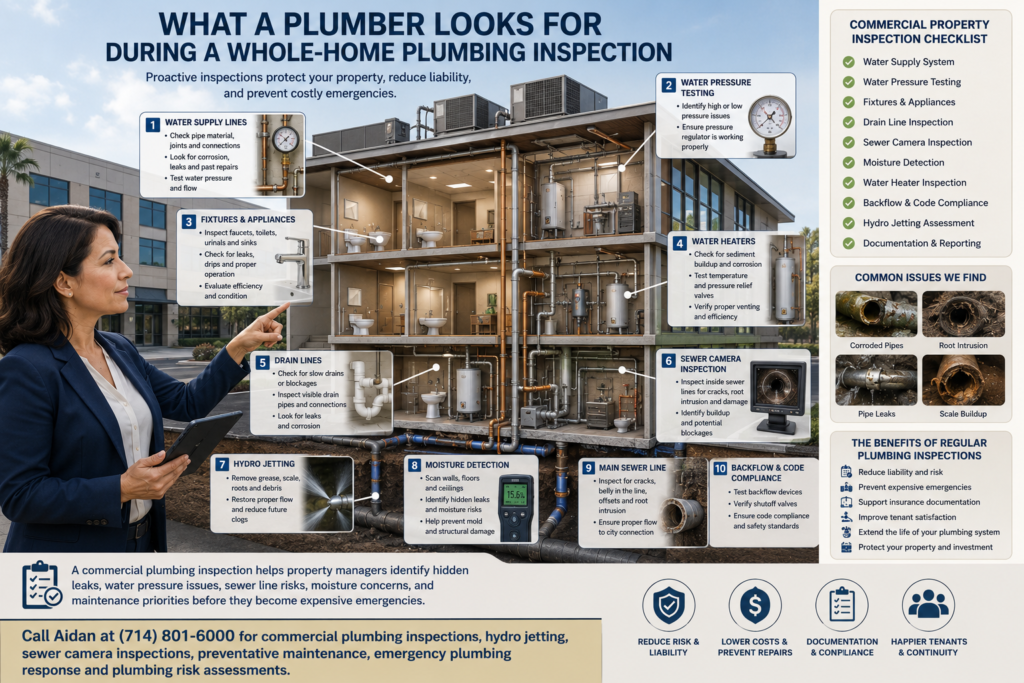 Commercial property manager reviewing a whole-home plumbing inspection infographic showing water pressure testing, sewer camera inspection, hydro jetting, drain line buildup, hidden leak detection, water heater condition, moisture concerns, and plumbing risk assessment for an Anaheim multi-unit property.