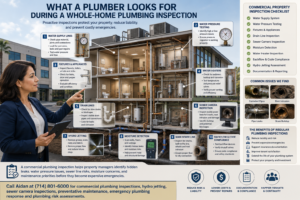 Commercial property manager reviewing a whole-home plumbing inspection infographic showing water pressure testing, sewer camera inspection, hydro jetting, drain line buildup, hidden leak detection, water heater condition, moisture concerns, and plumbing risk assessment for an Anaheim multi-unit property.