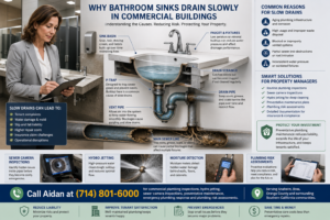 Commercial property manager reviewing a slow-draining bathroom sink in an Anaheim commercial building with cutaway plumbing illustrations showing biofilm buildup, aging cast iron pipe, sewer camera inspection, hydro jetting, moisture detection, and plumbing risk assessment.