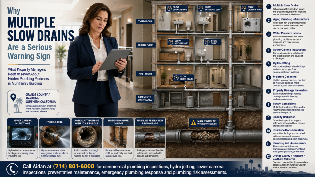 Commercial property manager reviewing a cutaway illustration of multiple slow drains in an Anaheim multifamily building with sewer camera inspection, hydro jetting, aging pipe buildup, hidden moisture concerns, and main sewer line restriction labels.
