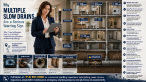 Commercial property manager reviewing a cutaway illustration of multiple slow drains in an Anaheim multifamily building with sewer camera inspection, hydro jetting, aging pipe buildup, hidden moisture concerns, and main sewer line restriction labels.
