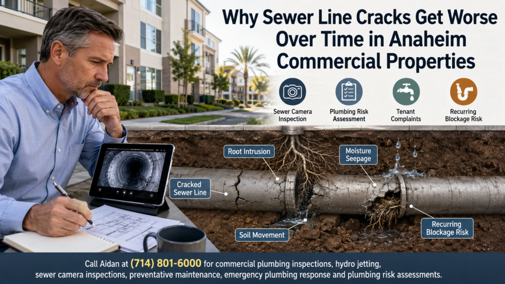 Commercial property manager reviewing sewer camera inspection footage of a cracked underground sewer line at an Anaheim multifamily property with cutaway labels for root intrusion, moisture seepage, soil movement, and recurring blockage risk.