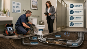 Commercial property manager reviewing a repeat toilet clog complaint in an Anaheim multifamily building while a plumber inspects restroom drain conditions, moisture concerns, and sewer camera findings.