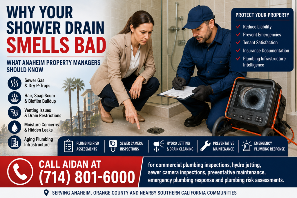 Commercial property manager and plumber inspect a bad-smelling shower drain in an Anaheim multifamily bathroom while documenting sewer gas, dry P-trap, biofilm buildup, moisture concerns, and preventative plumbing risks.
