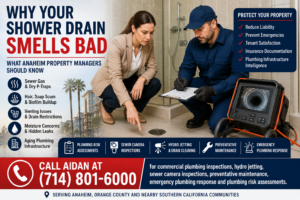 Commercial property manager and plumber inspect a bad-smelling shower drain in an Anaheim multifamily bathroom while documenting sewer gas, dry P-trap, biofilm buildup, moisture concerns, and preventative plumbing risks.